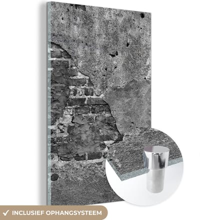 Glasschilderij zwart wit - Muur - Baksteen - Cement - Beton - Zwart - Wit - 120x180 cm - Schilderij glas - Kamer decoratie