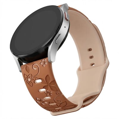 Bruin melkthee silicone horloge band dames Geschikt voor serie samsung galaxy watch 7 / 6 / 5 / 5 pro / 4 / FE / ACTIVE / ACTIVE 2 20 mm horloge – bloemen patroon horlogeband – two tone floral engraved design