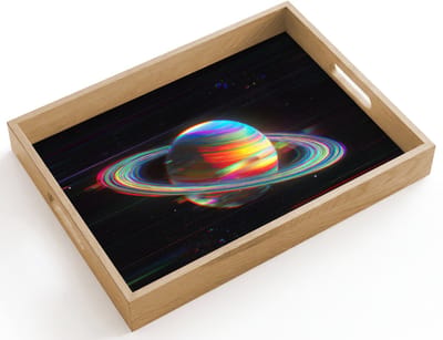 Dienblad hout 40x30 cm - Schootdienblad - Planeet - Cirkel - Kleurrijk - Borrelplank rechthoek - Plateau dienbladen