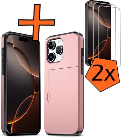 Hoesje Geschikt voor iPhone 16 Pro Hoesje Pasjeshouder Shockproof Hard Case Met 2x Screenprotector - Hoesje Geschikt voor iPhone 16 Pro Hoes Met Kaarthouder - Rosé goud