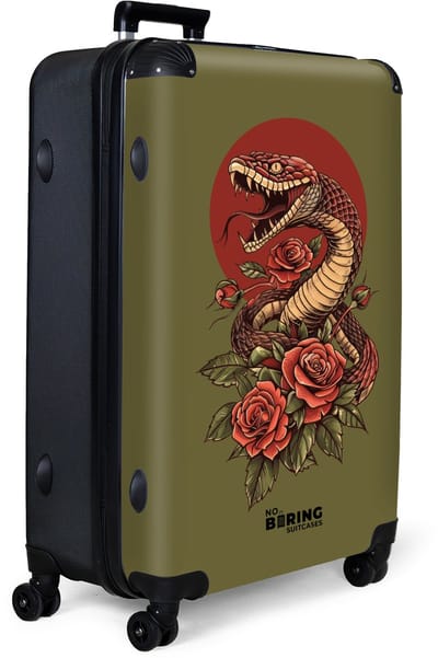 NoBoringSuitcases.com® - Koffer groot - Reiskoffer lichtgewicht - Groen met slang en rode bloemen - Rolkoffer met 4 wielen - Grote trolley XL - 98 liter bagage