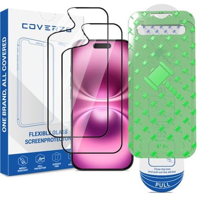 Coverzs Flexibel PMMA Glass Screenprotector met frame (2-pack) geschikt voor iPhone 16 – Flexibel Glas – Beschermfolie met Montageframe – Krasbestendige Schermbescherming