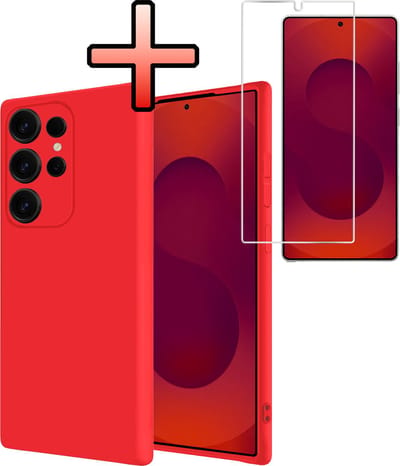 Hoesje - Met Screenprotector - Geschikt voor Samsung Galaxy S25 Ultra - Sterk & Shockproof - Back Cover - Siliconen Case - Telefoon Hoes - Rood