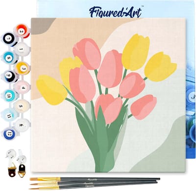 Figured'Art Mini Schilderen op Nummer Volwassenen 20x20cm met lijst Boeket Tulpen - Klein Formaat Creatieve Hobby Kit DIY Art Nummer Compleet