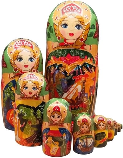 Matroesjka Poppen Set - Nestelende Poppen - Decoratie en Cadeau - Handgemaakte Unieke Stukken - 10 Delig - Multicolor