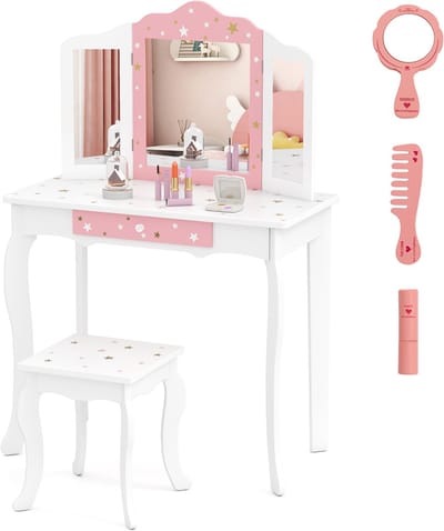COSTWAY Kinderen kaptafel & kruk set, drievoudige spiegel kleuter schoonheid make-up tafel, schitteren ster afdrukken, kinderspeelgoed kaptafel met afneembare top (Wit)