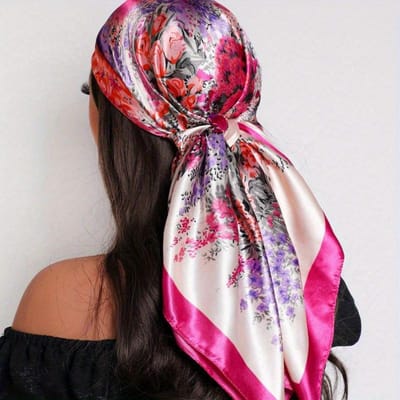 1 stuks Dames Vierkante Sjaal 90cm, Elegante Bloemendruk, Nieuwe Mode Bandana Geschikt voor Casual en Straatstijl Outfits warm roze kleur