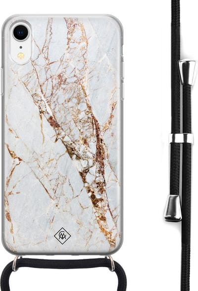 Casimoda® hoesje met koord - Geschikt voor iPhone XR - Marmer Goud - Afneembaar koord - Siliconen/TPU - Goudkleurig