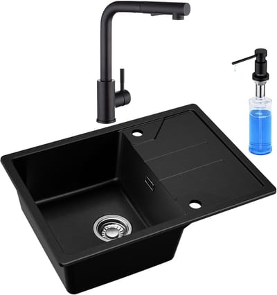 DERW MAX Granieten Spoelbak 65x45CM Zwart - Spoelbakken Keuken Met Keukenkraan en Zeepdispenser 300ML - Spoelbakken Met Planchet en Waterafvoersysteem - Opbouw Spoelbak