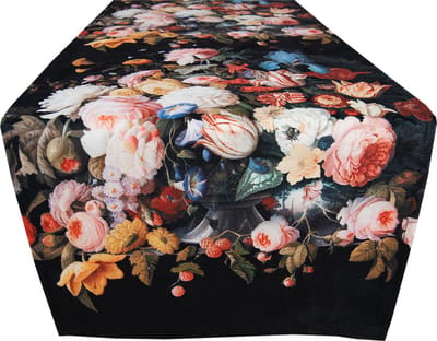 Clayre & Eef Tafelloper 35x180 cm Zwart Rood Polyester Bloemen Tafelkleed