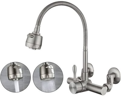 Wandmengkraan keuken - RVS 304 voedselveilig - 360° draaibaar - Voor dubbele spoelbak - Gatenafstand 12-18cm - Zilver - 1 stuk