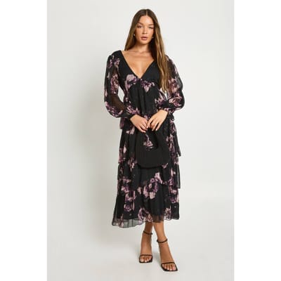 boohoo Dames Florale Chiffon Midaxi-jurk met diepe V-hals en ruches | Zwart | Maat: 36