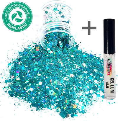 GlittersXL - Chunky Glitters (Turquoise) + Glitter Huid Lijm Volume 8g Festival Jewels Outfit Lichaam en Gezicht - Make-up Diamond Dots Face Body - Diamantjes Strass Steentjes Kinderen Volwassenen Dames Makeup Tattoo Mastix Schmink Smink Groen