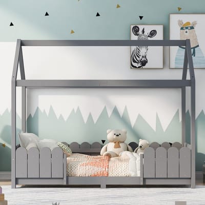 Gutent Kinderbed, Grijs (Zonder matras) , 90x200 cm, Multifunctioneel Houten kinderbed voor jongens en meisjes, huisstijl, met valbeveiliging en lattenbodem