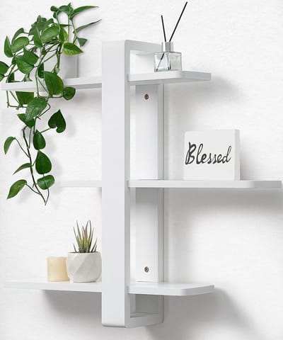HOMESY Wandrek wit, zwevende plank, wandrek, praktische decoratieve planken met drie verdiepingen, van massief hout, voor woonkamer, slaapkamer, afneembare planken, 50 x 58 cm
