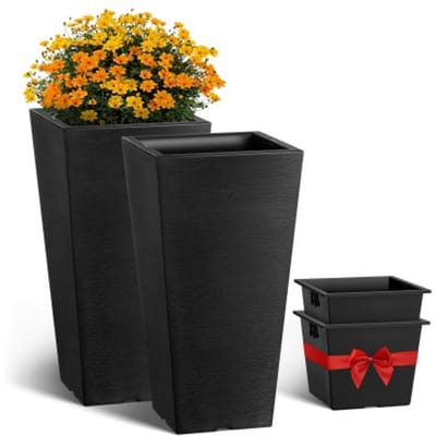 VEVOR Bloempot, Set van 2, Grote Bloempot 570 mm, Modern Design, Geïntegreerd Efficiënt Drainagesysteem, Plantenbak, Bloempot, Pot voor Veranda, Terras, Buiten, Binnen, Zwart