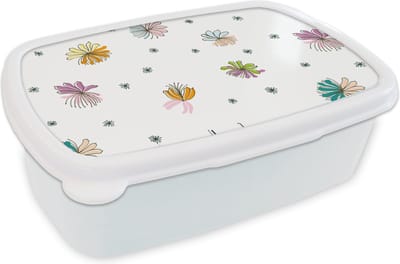Broodtrommel Wit - Lunchbox - Brooddoos - Bloemen - Regenboog - Flora - Pastel - Patronen - 18x12x6 cm - Volwassenen