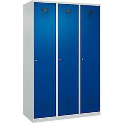 C+P Evolo Plus kledingkast, 3 vakken, 400 mm breed, cilinderslot, soft-close, B 1.200 x D 500 x H 1.850 m, lichtgrijs/gentiaanblauw