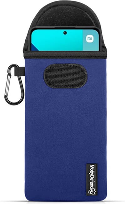 MobyDefend Hoesje - Geschikt voor Xiaomi Redmi Note 13 4G - Neopreen Pouch Met Karabijnhaak - Insteek - Riemlus - Blauw