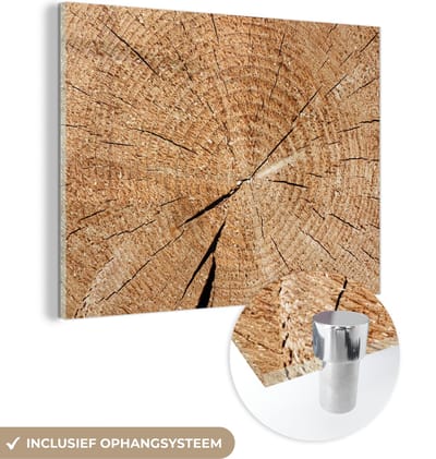 MuchoWow® Glasschilderij 120x90 cm - Schilderij acrylglas - Boomstam - Jaarringen - Hout - Foto op glas - Schilderijen