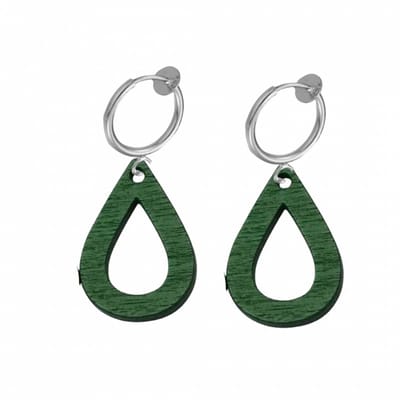 Klem Oorbellen -hout- groen- druppel -zilverkleur- fleron