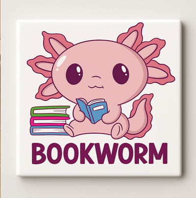 Schattige Bookworm Axolotl Art Tegel – 15x15cm Keramische Wanddecoratie, Leuk Cadeau voor Boekenliefhebbers