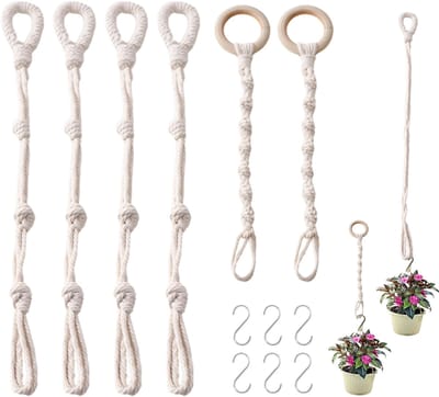 Dailygoods- Plantenhanger 6 Stuks - Macramé Hangmand - Katoenen Verlengstuk - Boho Stijl - Voor Binnen/Buiten - Inclusief Haken