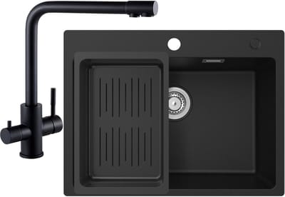 CECIPA max Granieten Spoelbak voor keuken 60x45cm - Spoelbak Keuken Met 3 Wege Keukenkraan - Wasbak met waterafvoersysteem - Granieten spoelbak met afdruip - Antraciet