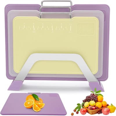 Keukenplank van kunststof met 3 snijplanken en standaard - Kleurrijke snijplankset voor groenten en fruit - Vaatwasmachinebestendig - Paars - Keukengerei - Koken en Snijden met Gemak