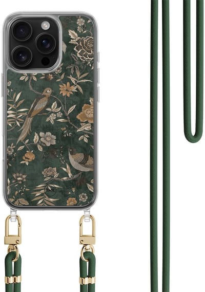 Casevibes - Telefoonhoesje met koord - Geschikt voor Apple iPhone 16 Pro - Khaki golden flowers - Groen - Vogel