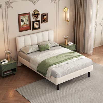 DESMIU Gestoffeerd Bed 140x190 Cm – Comfortabel Bed Met Lattenbodem – Stevig Slaapcomfort Voor Slaapkamer Of Appartement – Sherpa Stof – Zonder Matras – Beige