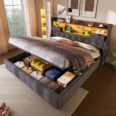 VVBV Gestoffeerd Opbergbed 160x200 cm - LED-Verlichting, USB-C Laadstation, 4 Lades, Opbergruimte - Linnen Grijs Zonder Matras