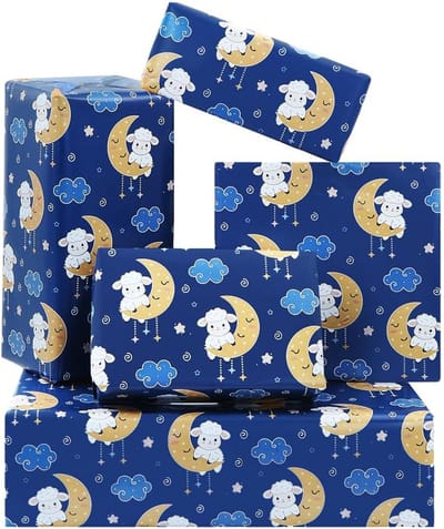 Famanu – Eid Mubarak Inpakpapier – Set van 4 Vellen met Schaap -Lam -Maan en Ster Ontwerp voor Kinder- en Feestcadeaus