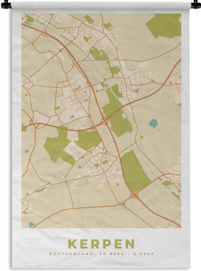Wandkleed - Wanddoek - Kerpen - Plattegrond - Vintage - Kaart - Stadskaart - 120x180 cm - Wandtapijt