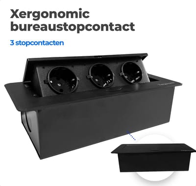 Xergonomic bureau stopcontact - B26.3xL11.7xH6.5cm - Bureau stekkerdoos met 3 stopcontacten – Inklapbare inbouw stekkerdoos – Inbouw contactdoos meubilair – Stevige en moderne inbouwstekkerblok – Inbouwstopcontact – Zwart