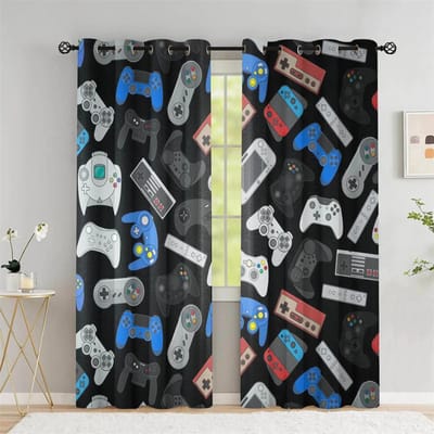 Gaming Controller Neon Gordijnen Coole Gamer Raamgordijnen 2 Panelen Jongenskamer Tiener Slaapkamer Huisdecoratie 50W60H(CM)X2PCS&Rod Pocket