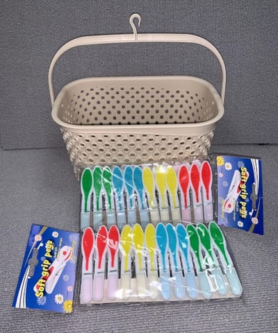 Wasknijpermandje met 24 Wasknijpers – Hangend Wasmandje – Opbergmandje voor Wasknijpers – 22,5 x 15 x 14 cm