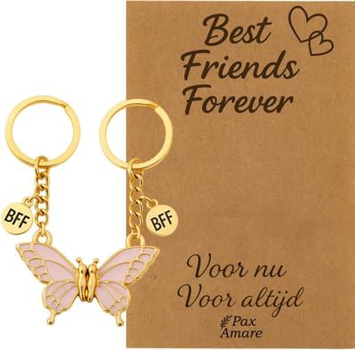 BFF Sleutelhanger voor 2 'Best Friends Forever' - Magnetische Roze Vlinder - Sleutelhangers op Cadeau Kaartje - Goudkleurig - Vriendschap Symbool - Pax Amare