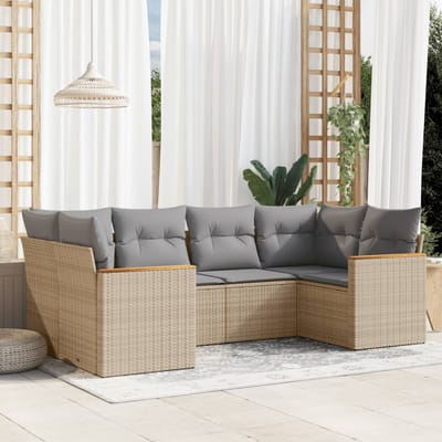 vidaXL - 6-delige - Loungeset - met - kussens - poly - rattan - gemengd - beige