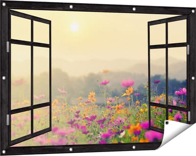 Gards Tuinposter Doorkijk Bloemenveld met Kosmos - Zonsondergang - 120x80 cm - Tuindoek - Tuindecoratie - Wanddecoratie buiten - Tuinschilderij