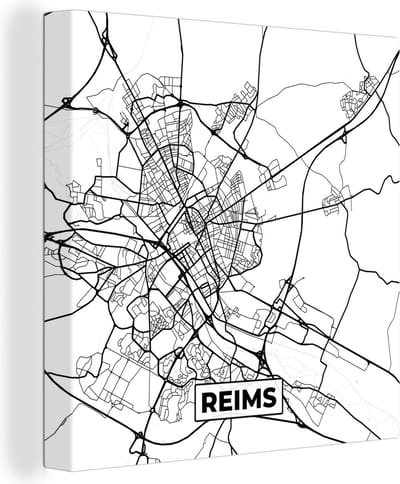 Canvas Schilderij Kaart - Plattegrond - Reims - Frankrijk - Stadskaart - Zwart wit - 20x20 cm - Wanddecoratie