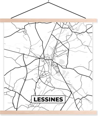 Posterhanger incl. Poster 40x40 cm - Schoolplaat - Stadskaart – Zwart Wit - Kaart – Lessines – België – Plattegrond - Textielposter - Blanke latten - Stadskaart