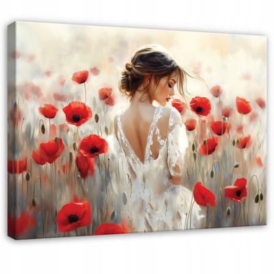 WALLARENA - Schilderij op canvas - 100x70 cm - vrouw bloemen klaprozen abstractie - Geschikt voor slaapkamer en woonkamer