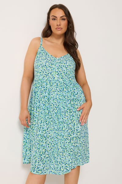 Yours Blauwe Midizomerjurk Met Fijne Bloemenprint En Bandjes Size 48