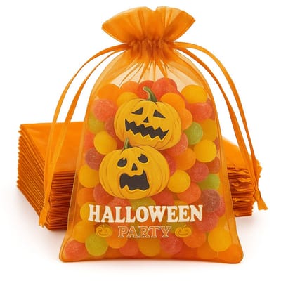20x Halloween Organza Zakjes Met Print - Organza Met Opdruk - 10x15cm - Feestzakjes - Snoepzakjes - Cadeauzakjes - Uitdeelzakjes - Sieradenzakjes - Halloween - Pompoen - 10x15 cm - Oranje - 20 Stuks