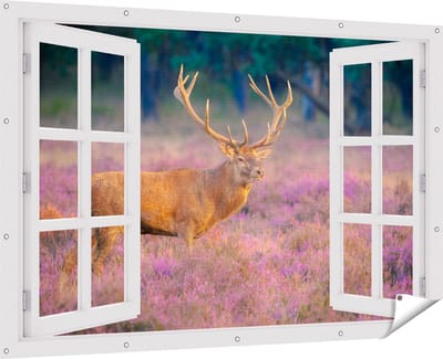 Gards Tuinposter Doorkijk Hert in de Weide tijdens Zonsondergang - 180x120 cm - Tuindoek - Tuindecoratie - Wanddecoratie buiten - Tuinschilderij