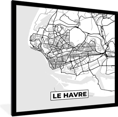Fotolijst incl. Poster Zwart Wit- Kaart - Stadskaart - Le Havre - Frankrijk - Plattegrond - Zwart wit - 40x40 cm - Posterlijst