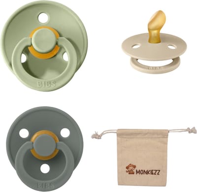 Bibs Dental fopspenen Anatomical 0-6 maanden- Set 3 stuks- Sage, Vanilla, Pine - + Monkiezz speenzakje - orthodontisch- Anatomisch- Maat 1
