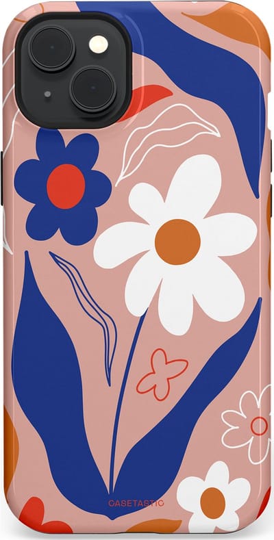 Casetastic hoesje geschikt voor Apple iPhone 15 Plus - MagSafe - Dubbellaagse bescherming - Eenvoud in bloei - Fashion Case - Perzik Donkerblauw Wit