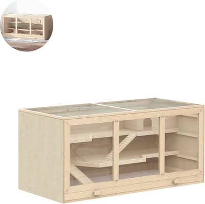 Hamsterkooi - Cavia kooi - Rattenkooi - Huisje - 2 Niveaus - Verwijderbare Lade - Met Voederstation - Zaag - Loopplank - Hutten - Hangbrug - Hout - 115 x 57 x 55 cm - Natuurlijk Hout